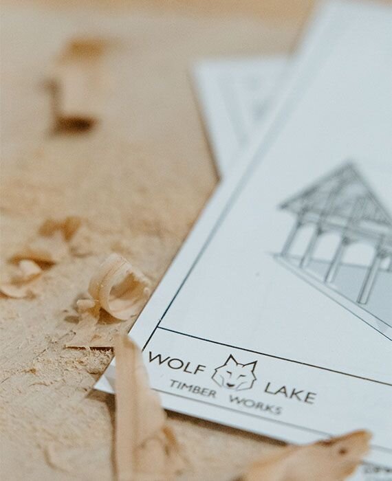 technical drawing with Wolf Lake Timber Works logo